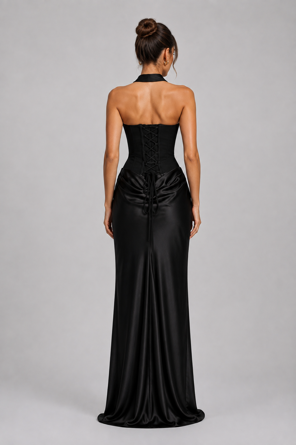 Noir Satin Corset Strapless Maxi Dress