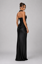 Noir Satin Corset Strapless Maxi Dress
