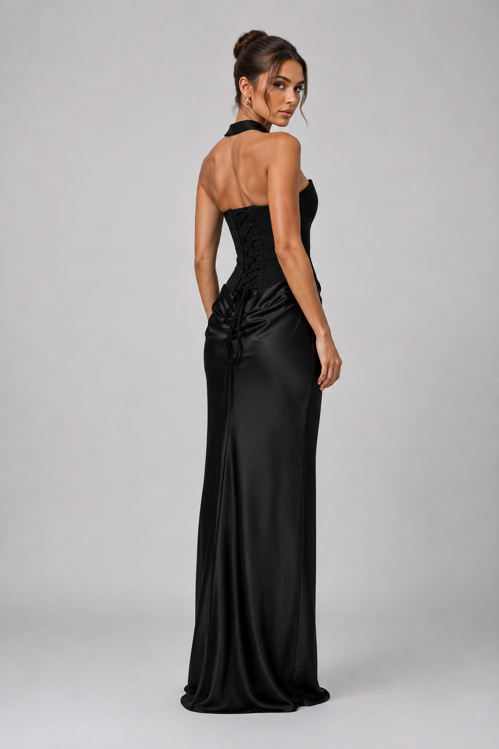 Noir Satin Corset Strapless Maxi Dress