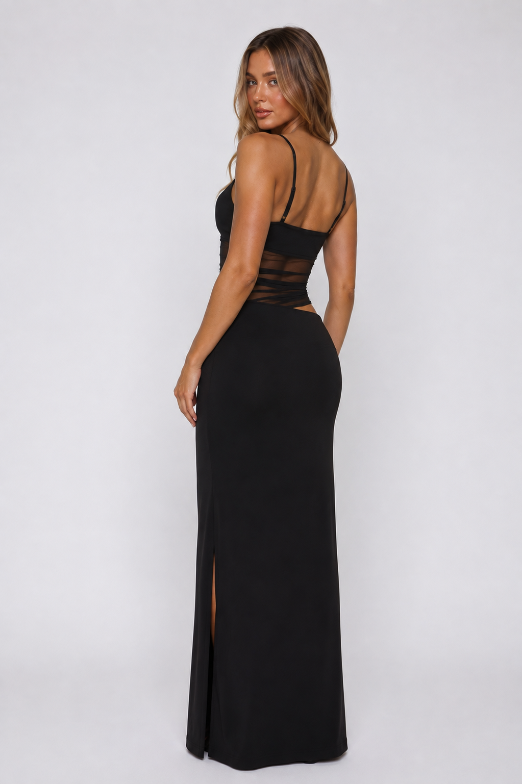 Obsidian Mesh Cut-Out Maxi Dress
