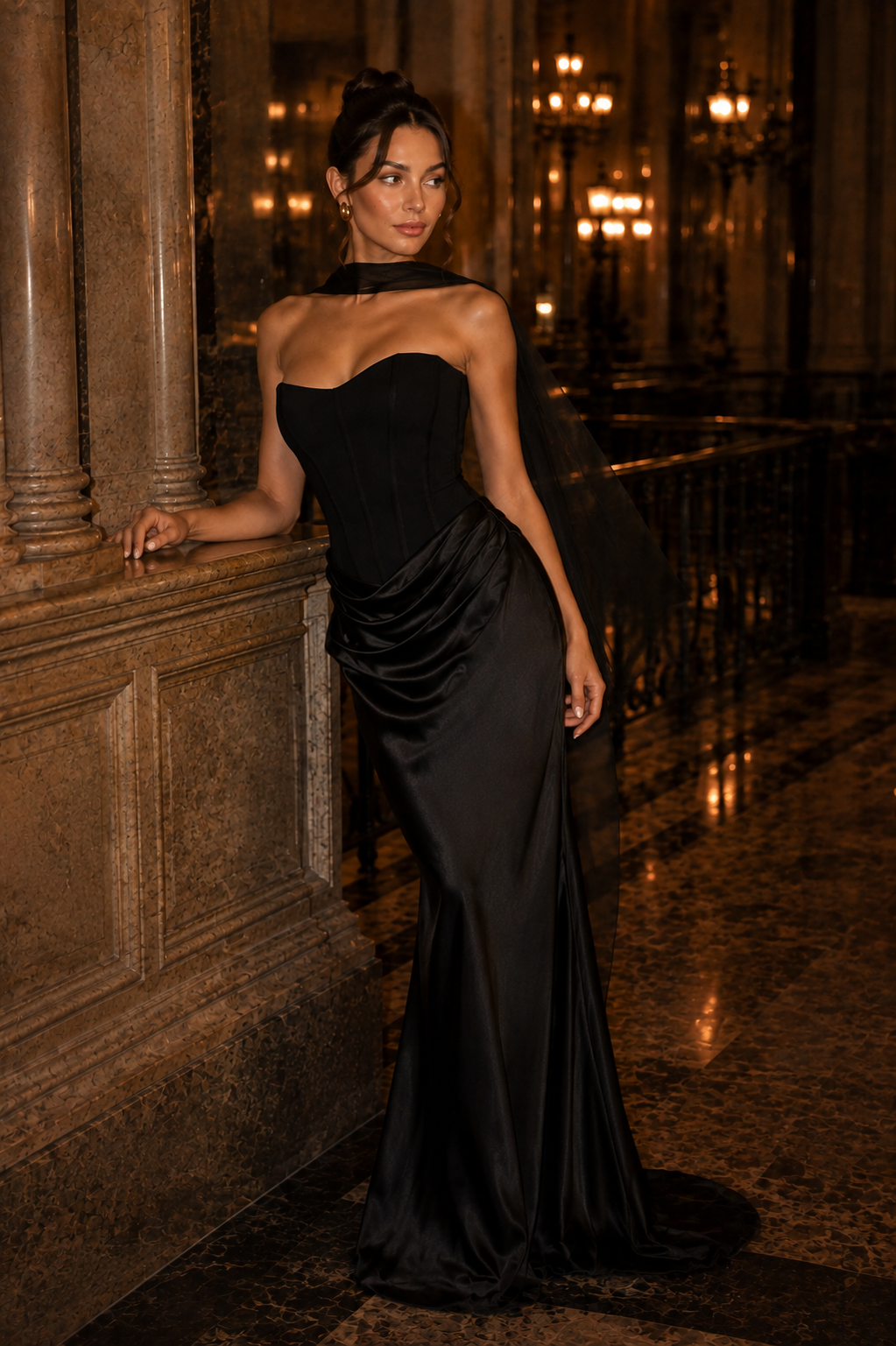 Noir Satin Corset Strapless Maxi Dress