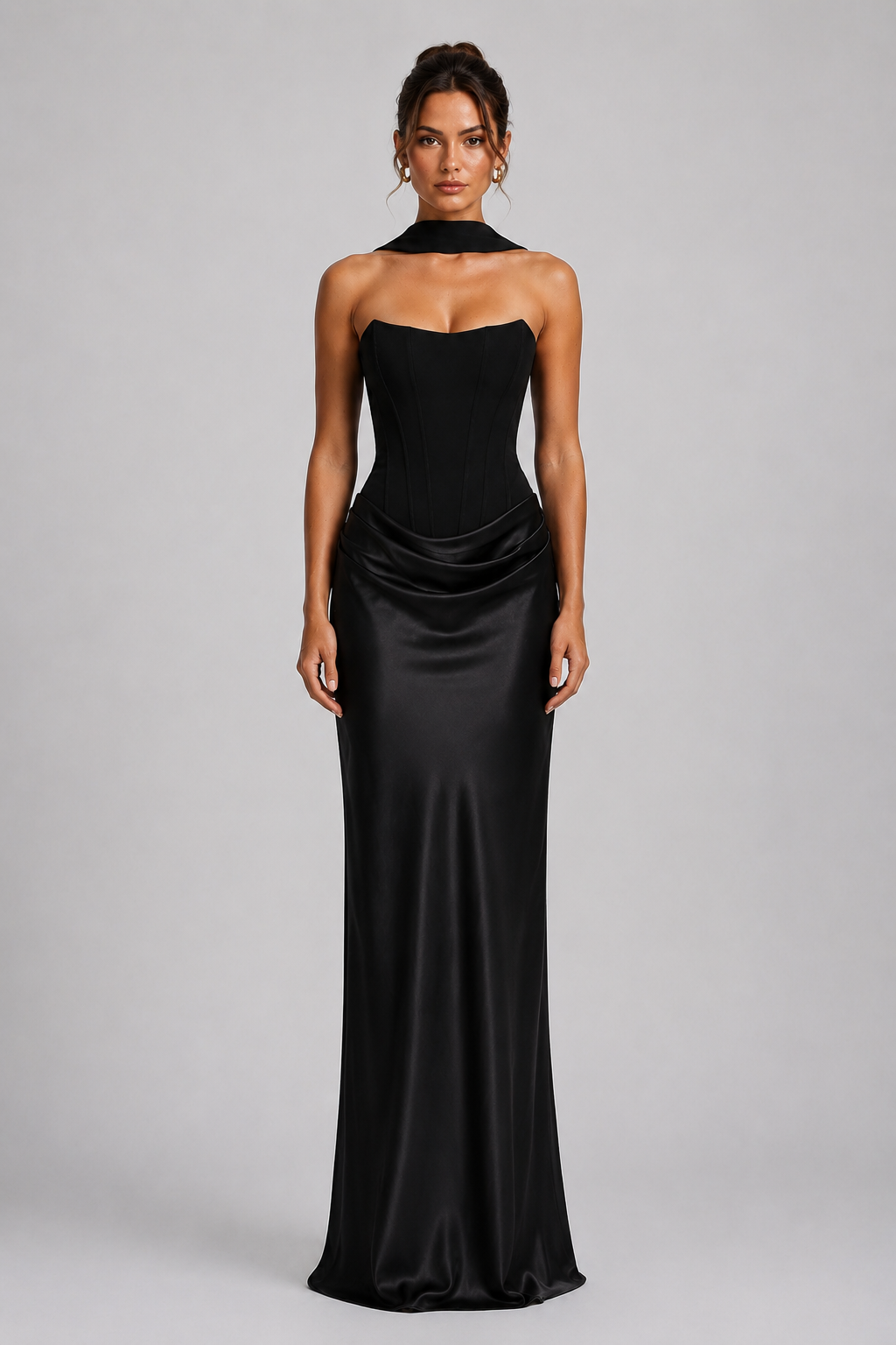 Noir Satin Corset Strapless Maxi Dress