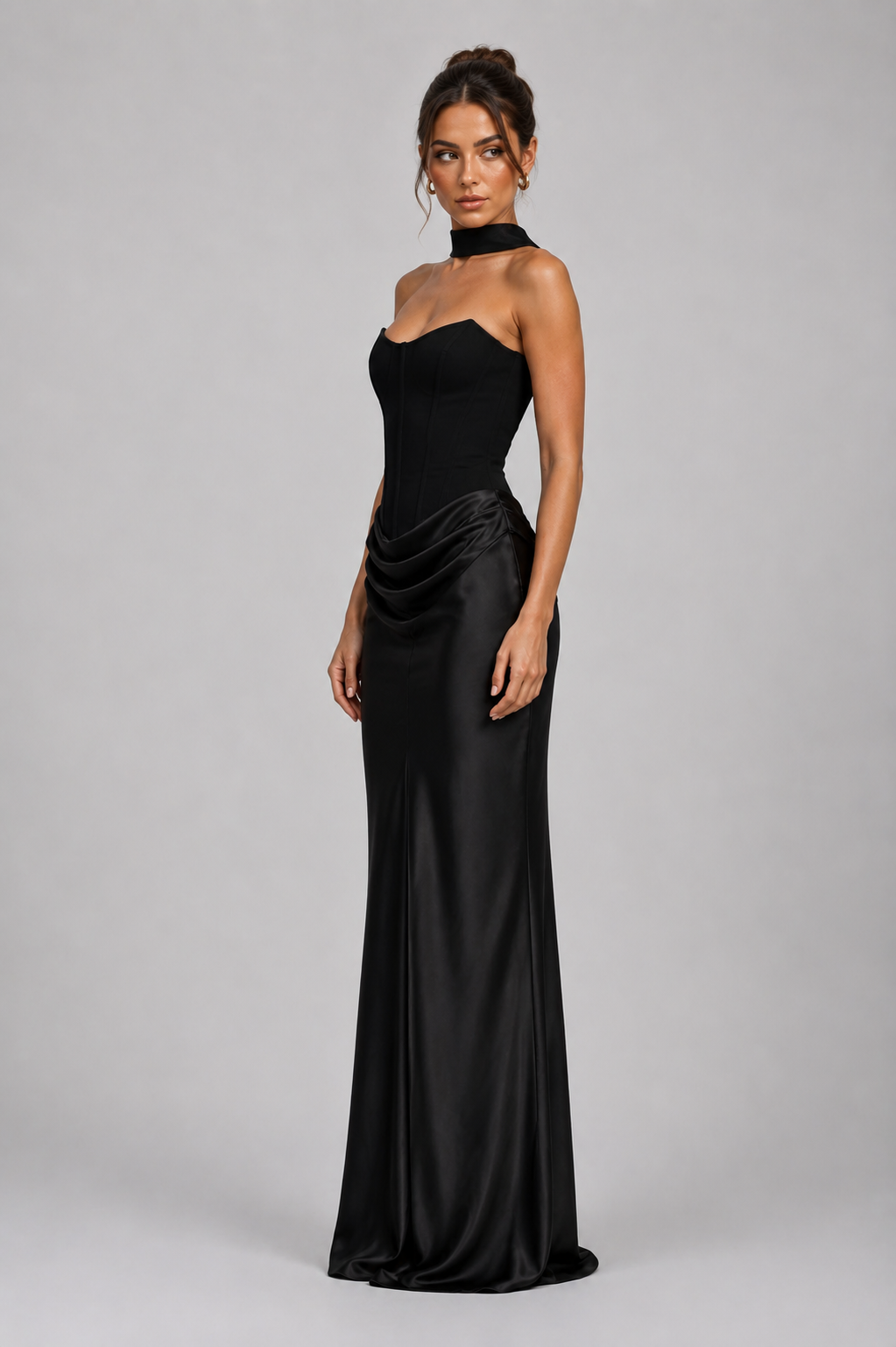 Noir Satin Corset Strapless Maxi Dress